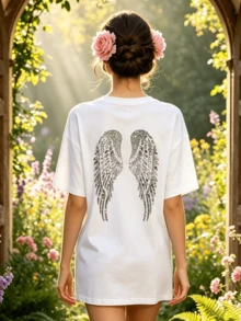 Camiseta de manga corta con cuello redondo suave y casual para mujer, con estampado de alas de ángel brillantes, ideal para primavera y verano. - Blanco - Ver 4