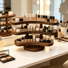 1pc New Vintage Style Wooden Desktop Perfume & Cosmetic Display Rack, Retro Solid Wood Makeup Organizer, Multi-Layer Display Shelf, Vanity Table Perfume & Skincare Storage Rack, Lipstick & Jewelry Organizer, Multi-Functional Storage Rack - Coffee Brown - View 3