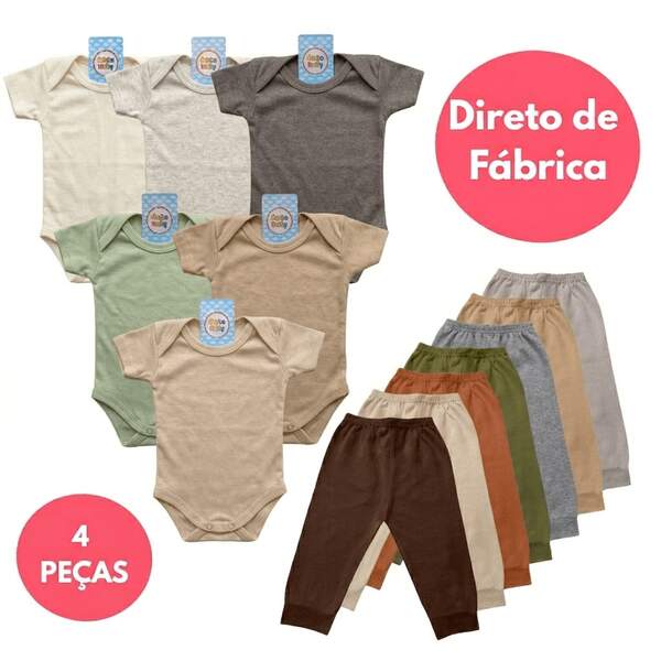 Kit 4 Peças Body MANGA CURTA + Calça Malha Menino, Menina e Unissex