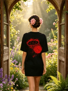 Women's Summer Casual Soft Round Neck Short Sleeve T-Shirt,Red Fire Basketball Hoop Print Graphic For Spring And Summer Wear. - Noir - Voir 2