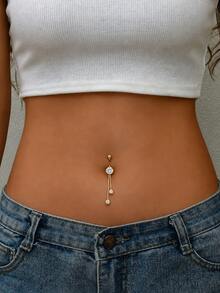 1pc High Quality Stainless Steel Gold Chain Tassel Belly Button Ring, Women's Classic Pendant Belly Piercing Jewelry, Suitable For Daily Wear, Beach Vacation Accessory, For Her - Gold - View 2
