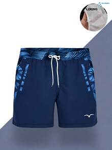 Men's Hawaiian Print Swim Trunks, Tropical Palm Leaf Beach Shorts With Lining - Royal Blue - View 3