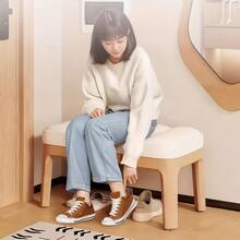 Solid Wood Button-Tufted Upholstered Shoe Bench, Soft Padded Backrest Entryway Shoe Changing Stool, Minimalist Low-Profile Shoe Bench, Multi-Functional Hallway Bedroom Living Room Furniture - Natural Wood Color + White - View 3