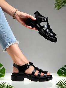 Women's Gladiator Multi-Strap Chunky Heel Platform Sandals, Open Toe Ankle Strap Summer Black PU Leather Sandals - Black - View 5