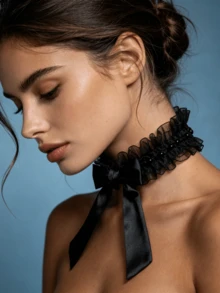 Romantic Black Mesh Choker With Satin Bow And Bead Embellishments, Ruffle Neck Decor, Suitable For Brides, Parties And Lingerie - Black - View 2
