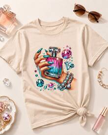 Women's Graphic Tee With Perfume, Nail, And Sparkly Jewelry Print, 100% Breathable Cotton, Short Sleeves, Round Neck, Soft And Comfortable, Casual Summer Top For Everyday Wear - 卡其色 - 查看 3