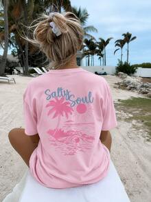 Women's Pink Salty Soul Palm Tree Graphic T-Shirt, Oversized Short Sleeve Tee, Vacation Outfits Women, Back To School Clothes, Fall Casual Top - 粉色 - 查看 3