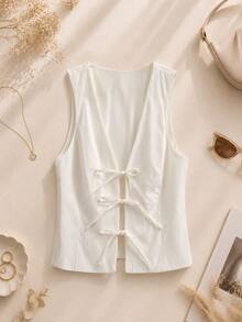 Women's Bowknot Decorated Tie-Up Elastic Waistcoat Tank Top - Beige - View 1