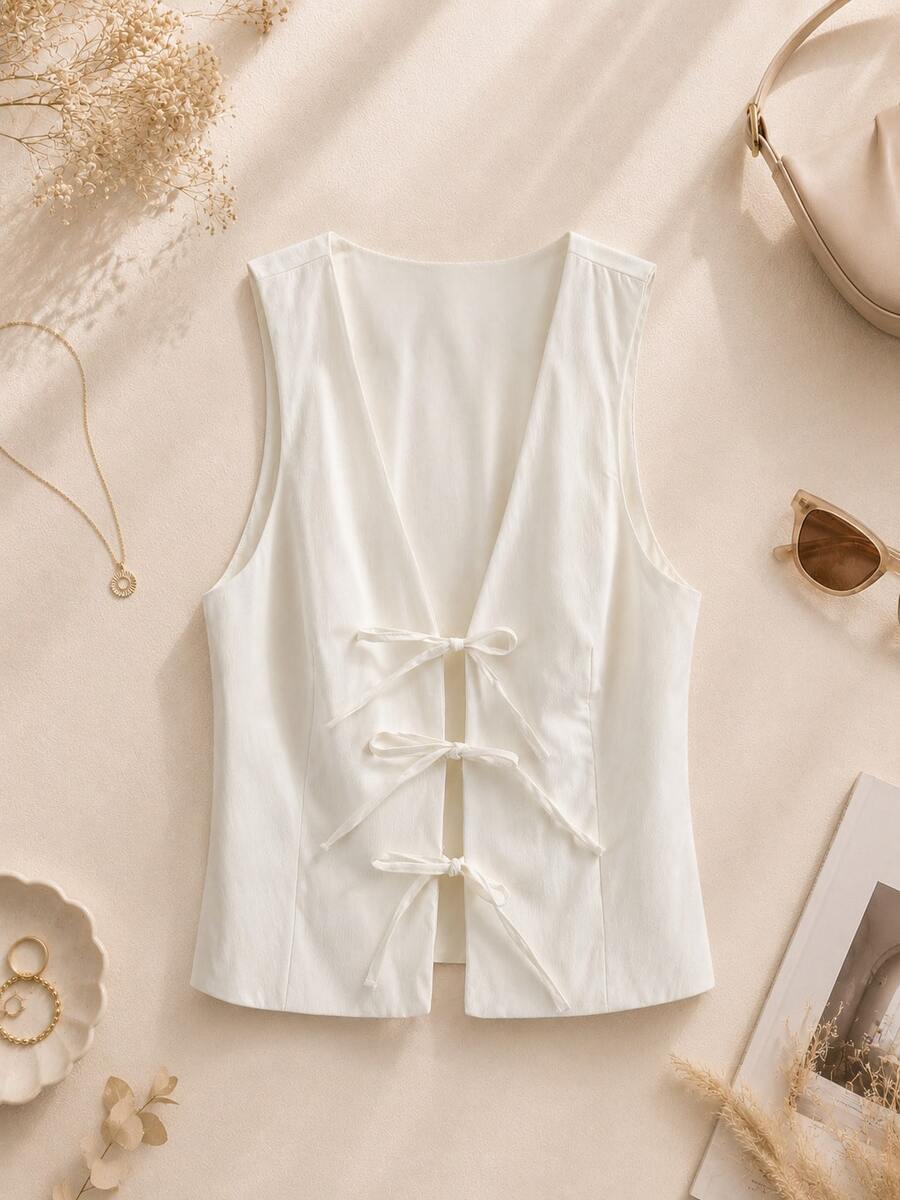 Women's Bowknot Decorated Tie-Up Elastic Waistcoat Tank Top - Beige - View 1