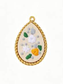 1 pieza Colgante geométrico de acero inoxidable chapado en oro de 18K con bordado de flor pastoral y mariquita, forma redonda de gota de agua, estilo pastoral fresco, accesorio de joyería para collar, bolso y llavero DIY para vacaciones - Multicolor - Ver 8