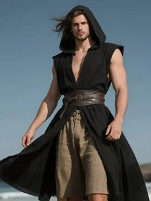 1 buah Jubah Panjang Berkerudung Depan Terbuka Gaya Abad Pertengahan Vintage, Warna Merah Anggur, Hitam, Hijau, Cocok untuk Halloween, Karnaval, Pesta, Kostum Panggung, Viking - Hitam - View 7
