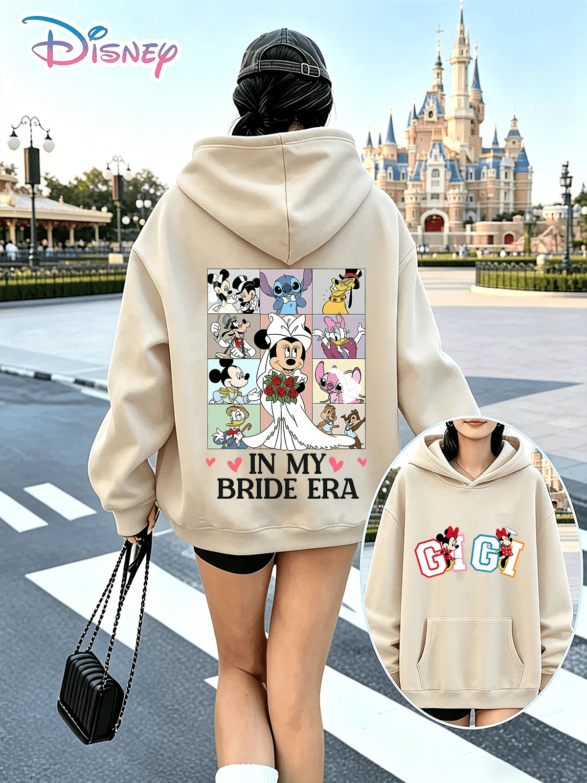Disney Minnie "In My Bride Era" Double-Sided Printed Hooded Sweatshirt. Made Of Ultra-Soft, Thickened Skin-Friendly Fabric, It Offers Great Warmth And A Cloud-Like Feel, Keeping You Cozy Through Fall And Winter. It Has A Charming Double-Sided Print: The Back Features A Playful Grid Collage Of Disney Characters, Centered Around A Bridal Minnie Mouse, With The Bold "IN MY BRIDE ERA" Slogan Below For A Sweet, Wedding-Ready Vibe. The Chest Showcases A Colorful "GIGI" Letter Design Accented With Minnie Mouse Details, Adding A Personal Touch. The Relaxed Fit Provides Unrestricted Comfort And Freedom Of Movement, Ideal For Everyday Wear, Theme Park Visits, Bridal Events, Travel, And Casual Outings. It's A Versatile, Heartwarming Piece And A Thoughtful Gift For Any Disney-Loving Bride. - Apricot - View 1