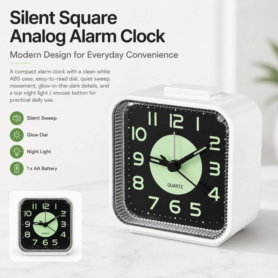 1pc Silent Sweep Non Ticking Analog Alarm Clock, Luminous Dial Desk Clock For Night Viewing, Snooze Function Night Light Bedside Clock, Compact Quartz Table Clock With Large Easy Read Numbers, 1 AA Battery Powered Battery Not Included