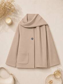 Button Decor Solid Color Elegant Scarf Jacket, Autumn/Winter - Camel - View 1