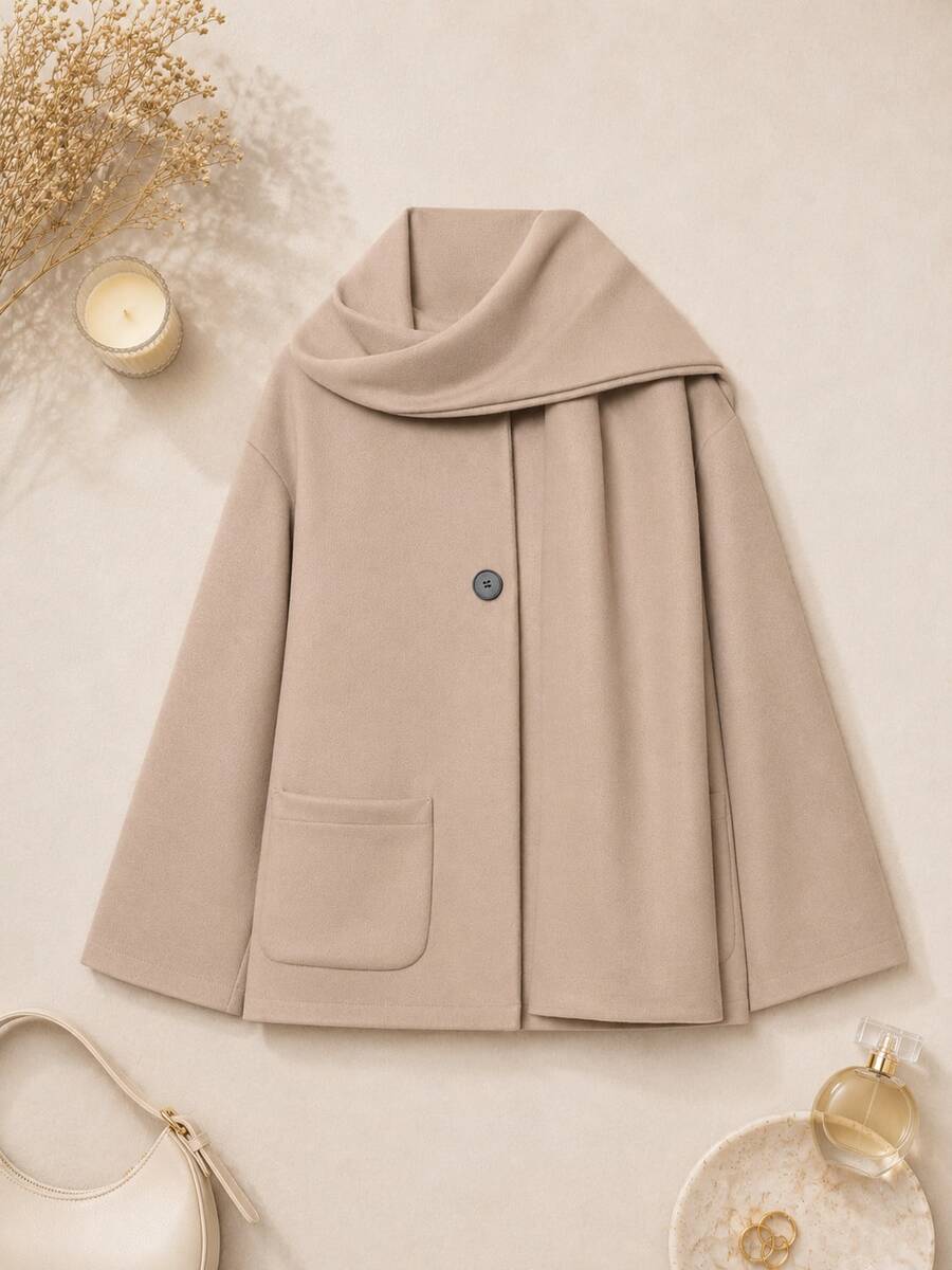 Button Decor Solid Color Elegant Scarf Jacket, Autumn/Winter - Camel - View 1