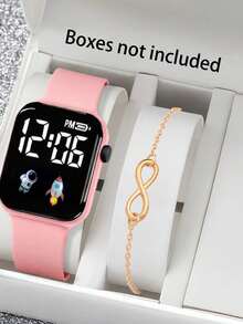 2pcs Electronic Watch Set, Silicone Strap LED Digital Wristwatch With Infinity Symbol Bracelet, Versatile Gift For Students - Multicolor - View 3