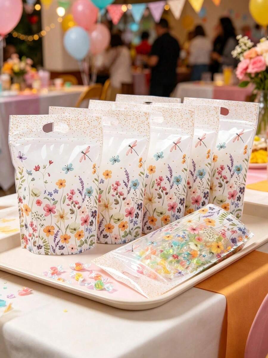 10入/25入花卉印花派對禮品袋，春季野花與蜻蜓圖案零食收納袋，附提把塑膠拉鍊糖果袋，適用生日、婚禮派對伴手禮