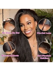 13"X4" Afro Yaki Straight Brazilian Human Hair Lace Front Wig, Bob Style Curly Straight Hair Wig, 13x4 Transparent Lace Front, Pre-Plucked, 180% Density Mixed Hair Heat-Resistant Fiber, Women's Wig, Elegant Style, No Glue Needed, Suitable For Daily Wear 8-16 Inches - Natural & Black - View 8
