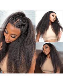 13"X4" Afro Yaki Straight Brazilian Human Hair Lace Front Wig, Bob Style Curly Straight Hair Wig, 13x4 Transparent Lace Front, Pre-Plucked, 180% Density Mixed Hair Heat-Resistant Fiber, Women's Wig, Elegant Style, No Glue Needed, Suitable For Daily Wear 8-16 Inches - Natural & Black - View 5