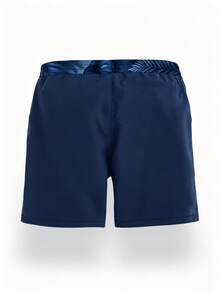 Men's Hawaiian Print Swim Trunks, Tropical Palm Leaf Beach Shorts With Lining - Royal Blue - View 5
