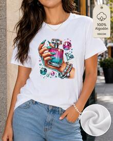 Women's Short-Sleeved, Soft-To-The-Touch, Pure Cotton T-Shirt With Casual Prints Featuring Perfume Bottles, Nail Art, And Colorful Diamonds. This Crew-Neck T-Shirt Is Perfect For Casual Outings, Holiday Gifts, Get-Togethers With Friends, Music Festivals, And Vacation Wear. - 白色 - 查看 2