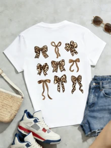 Women's Summer Casual Soft Round Neck Short Sleeve T-Shirt,Leopard Bow Print Graphic For Spring And Summer Wear. - White - View 5