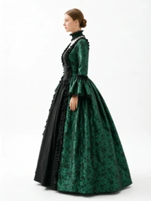 Gaun Cosplay Gaya Victoria Klasik, Gaun Pesta Formal Lengan Panjang Leher Persegi, Gaun Kostum Liburan Abad Pertengahan Renaissance - Hijau - View 4