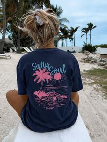 Women's Navy Blue Salty Soul Palm Tree Graphic T-Shirt, Oversized Short Sleeve Tee, Vacation Outfits Women, Back To School Clothes, Fall Casual Top - 藏蓝色 - 查看 3