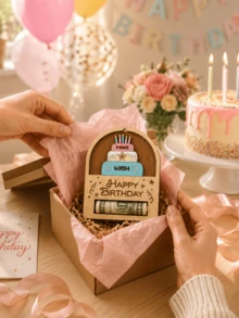 Sobre Rojo Personalizado con Nombre 2026, Sobre Rojo de Madera Personalizado con Diseño de Pastel, Adecuado como Regalo para Amigos, Familia, Niños, Conmemoración de Cumpleaños, Decoración de Fiesta de Cumpleaños - Multicolor 4 - Ver 4