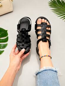 Women's Gladiator Multi-Strap Chunky Heel Platform Sandals, Open Toe Ankle Strap Summer Black PU Leather Sandals - Black - View 7