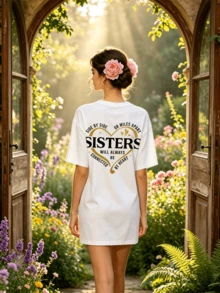 Camiseta de manga corta con cuello redondo suave y casual para mujer, con estampado de corazón y cita de Sisters, ideal para primavera y verano. - Blanco - Ver 2