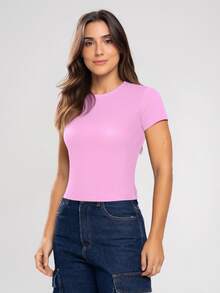KIT 03 Women's Baby Tee - Slim Fit Short Sleeve Blouse - Compression Baby Tee - 嬰兒粉,奶油黃和白色 - 查看 5