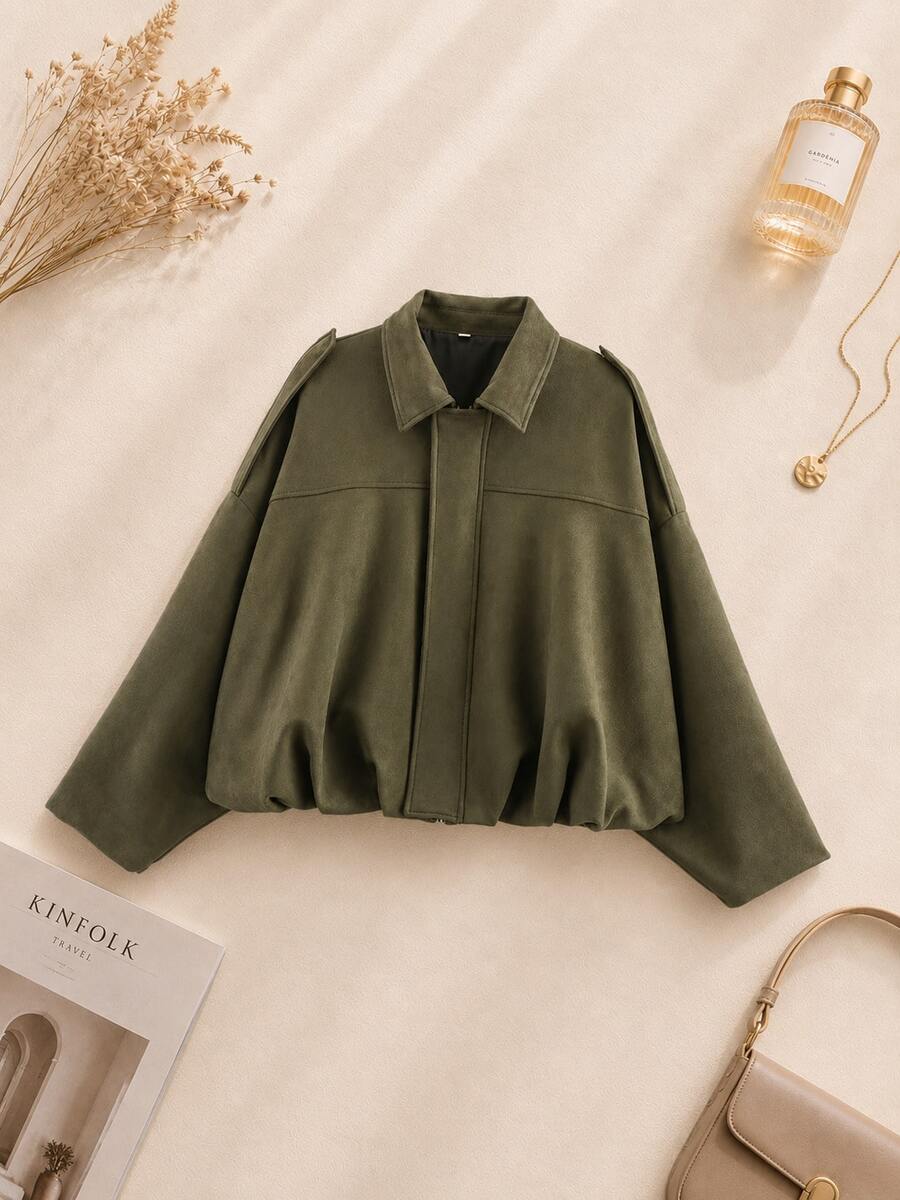 Blouson bombardier en suède et fausse fourrure de couleur unie, manches longues, casual, adapté pour le printemps et l'automne - Militaire verte - Voir 1