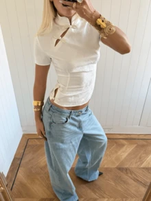 Women's Autumn White Cheongsam Top Mandarin Collar Traditional Frog Button Casual Shirts For Women Short Sleeve Textured Polyester Blouse - 白色 - 查看 3