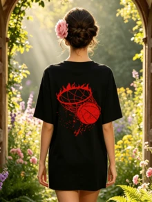 Women's Summer Casual Soft Round Neck Short Sleeve T-Shirt,Red Fire Basketball Hoop Print Graphic For Spring And Summer Wear. - Noir - Voir 4