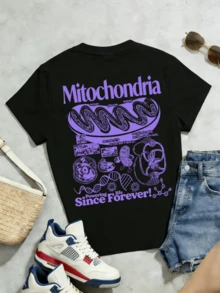Camiseta de manga corta con cuello redondo suave y casual para mujer, estampado gráfico de ciencia de mitocondrias en color morado para primavera y verano. - Negro - Ver 5