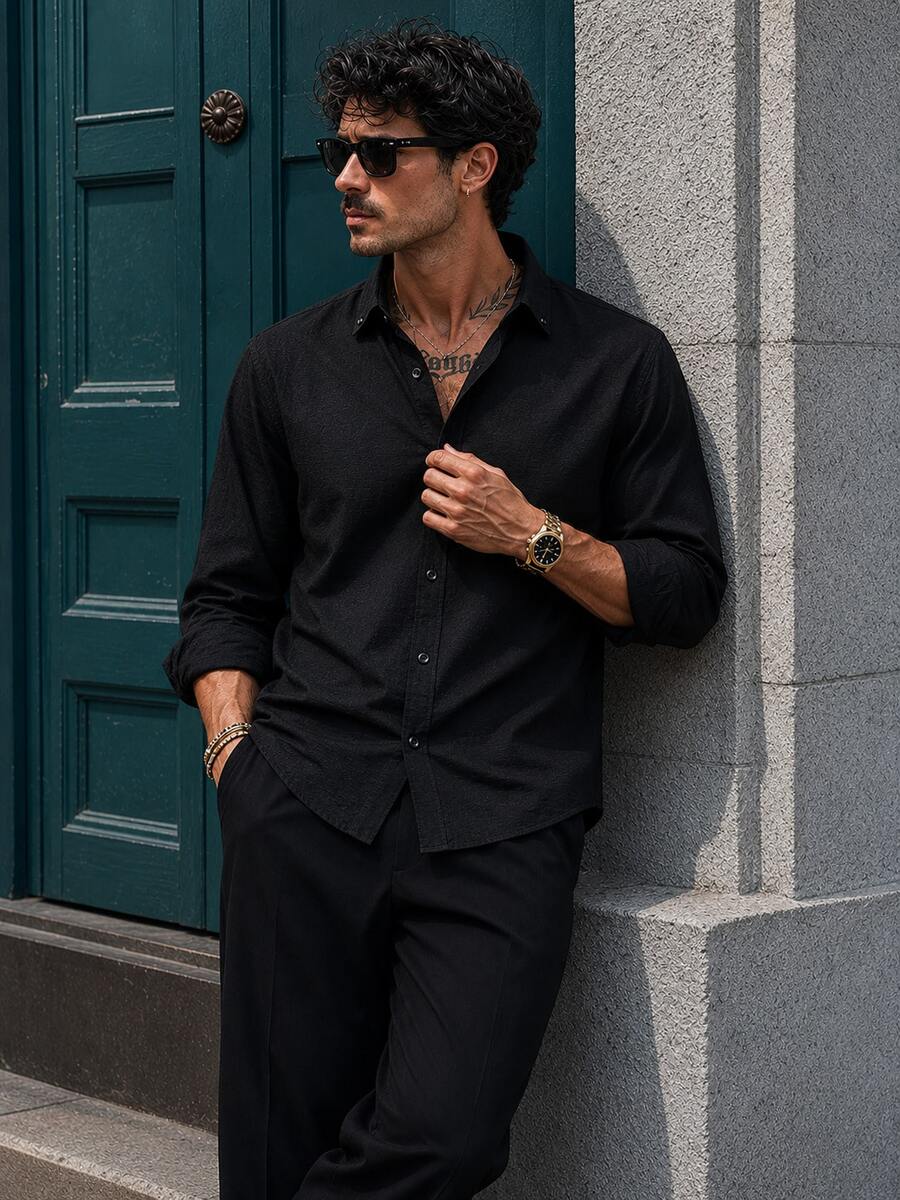 Cotton Linen, Breathable & Lightweight, Button Collar Design, Men's Linen Shirt - Black - View 1