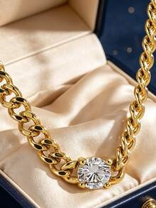 Collar de cadena cubana chapada en oro con un solo diamante de circonita para mujer, estilo minimalista personalizado, adecuado para el uso diario en el trayecto al trabajo y en el lugar de trabajo, regalo ideal para entusiastas de la moda - Dorado - Ver 1