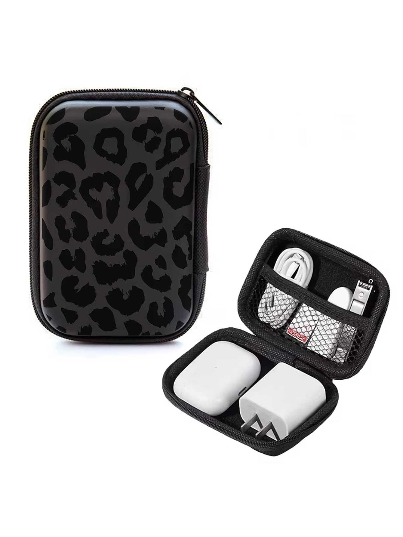 Black Leopard Print EVA Hard Shell 4.3 Inch Compact Storage Box - Travel Protective Storage Bag, Suitable For Electronic Accessories, Earphones, Hard Drives And Data Cables; Shockproof Zipper Pouch (Storage Box Only) - Multicolor - View 1