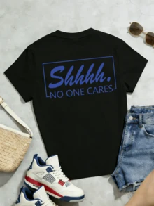 Camiseta de manga corta con cuello redondo suave y casual para mujer, con estampado gráfico de "Shhhh No One Cares" en azul, ideal para primavera y verano. - Negro - Ver 5