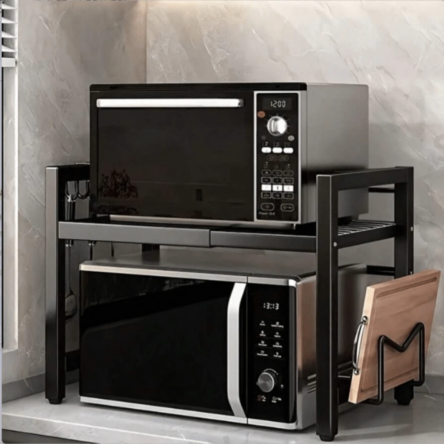 1pc Adjustable Heavy Duty Carbon Steel Kitchen Storage Rack And Microwave Oven Stand, Suitable For PC. Space-Saving Carbon Steel Structure. Kitchen, Pantry. Home Chef Assistant. Rust-Proof Material. Apartment Living. - Multicolor - View 1