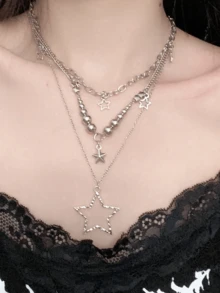 3 piezas Collar de estrella ligera de subcultura Y2K Hot Girl estilo milenario dulce y cool - Plateado - Ver 1