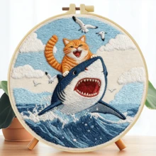 1套刺繡套裝,15x15cm/5.9x5.9in--20x20cm/7.9x7.9in,鯊魚騎貓,手工DIY刺繡套裝,適合成人與初學者,包含使用說明書、印花布料、刺繡框、針與線,給家人與朋友的聖誕禮物 - A - 查看 10