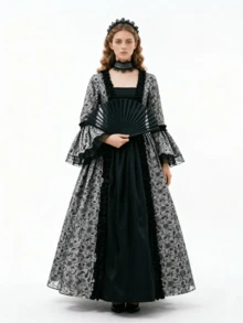 Gaun Cosplay Gaya Victoria Klasik, Gaun Pesta Formal Lengan Panjang Leher Persegi, Gaun Pesta Kostum Abad Pertengahan Renaisans - Perak - View 7