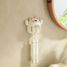 1個壁掛式可愛動物卡通熊牙刷架，創意浴室配件收納架，卡通雙支架設計，適合居家使用，塑膠材質，多色可選，完美適合浴室收納 - 彩色 - 查看 8