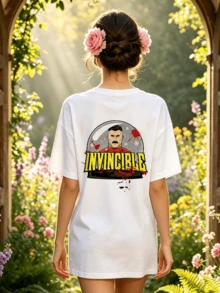 Camiseta de manga corta con cuello redondo suave y casual para mujer, con estampado gráfico de Invincible Omni Man, ideal para primavera y verano. - Blanco - Ver 4