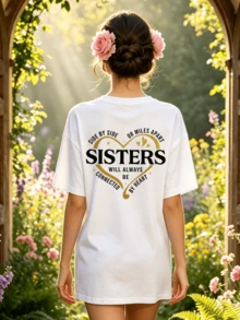Camiseta de manga corta con cuello redondo suave y casual para mujer, con estampado de corazón y cita de Sisters, ideal para primavera y verano. - Blanco - Ver 4