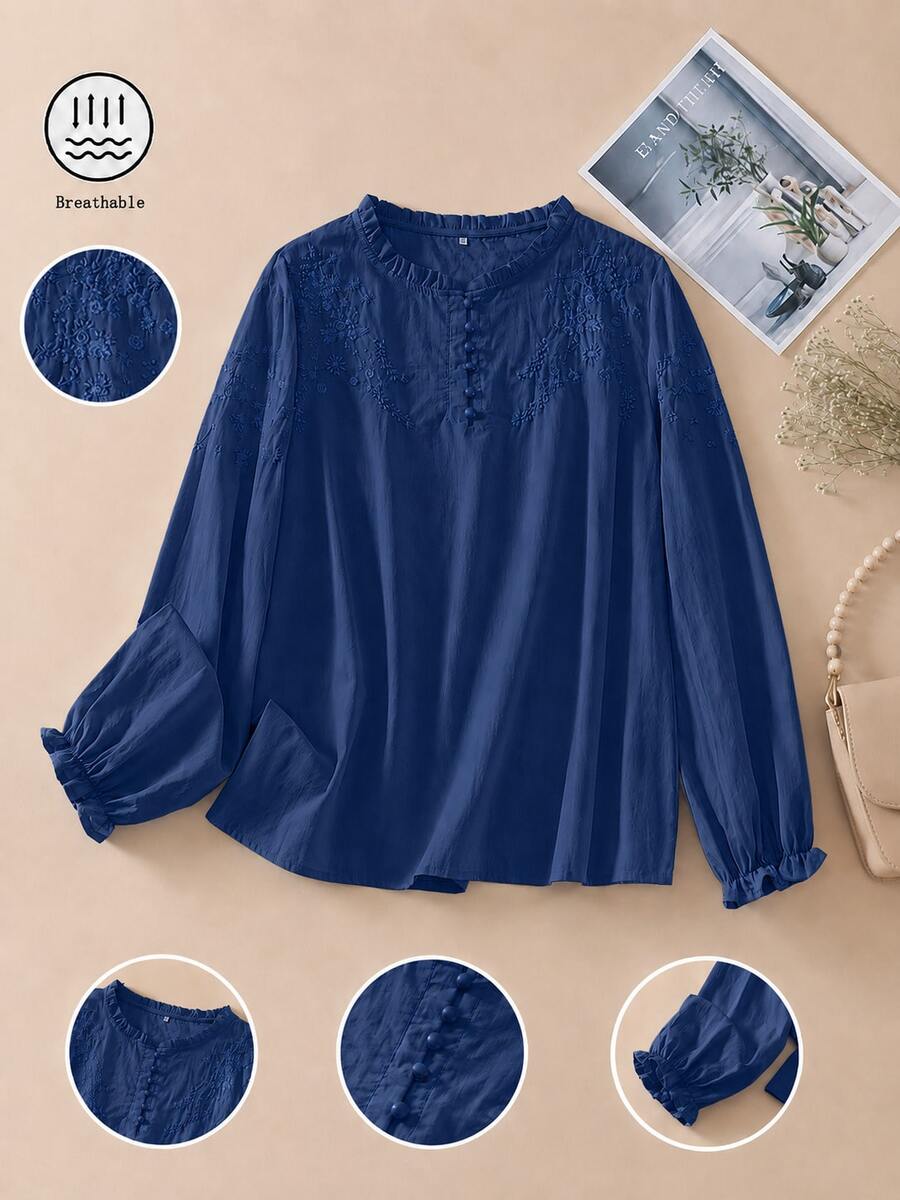 Women's Embroidered Loose Retro Long Sleeve Blouse Top, Suitable For Autumn