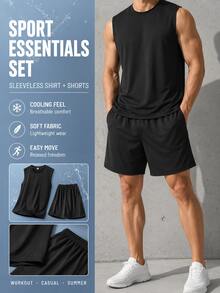 2pcs/Set Men's Black Mesh Sleeveless Tank Top + Loose Shorts, Men's Sportswear Set, Men's Lightweight Breathable Soft Fabric Fitness Workout Outfit, Suitable For Summer Running, Basketball, Machine Washable - Black - View 1