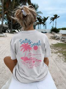 Women's Gray Salty Soul Palm Tree Graphic T-Shirt, Oversized Short Sleeve Tee, Vacation Outfits Women, Back To School Clothes, Fall Casual Top - 灰色 - 查看 3